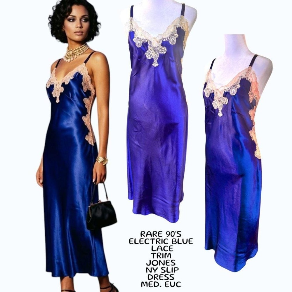 ✨ VINTAGE 90s JONES NEW YORK ELECTRIC BLUE SLIP DRESS  M✨